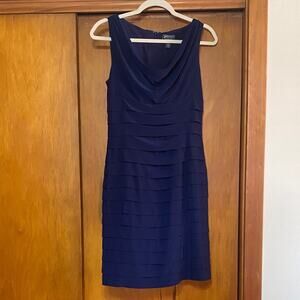 NWOT Navy Blue Sleeveless Shift Dress Drape Front Layered Tiered Lined Double